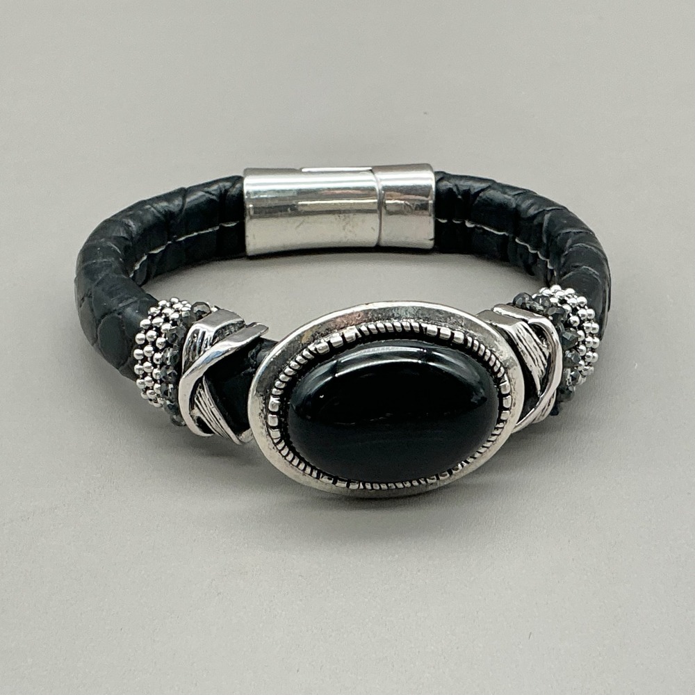 Laura Janelle Bracelet Women Black Leather Faux Snakeskin Magnetic Clasp Stone